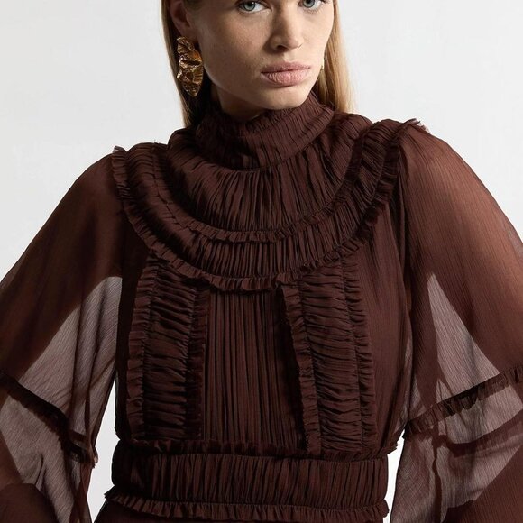 NWT: Lydia x Karen Millen Crinkle High Neck Drama Midaxi Dress Chocolate Brown - Picture 3 of 12